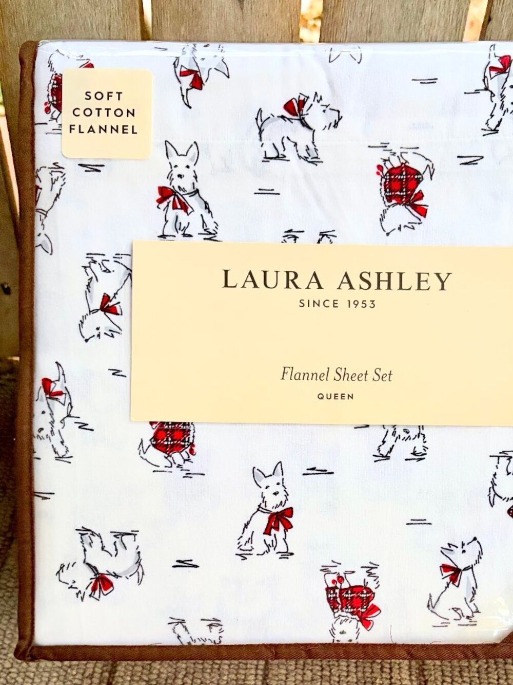 NEW Laura Ashley Queen Size RED HOLIDAY SCOTTIE Cotton Flannel Sheet Set